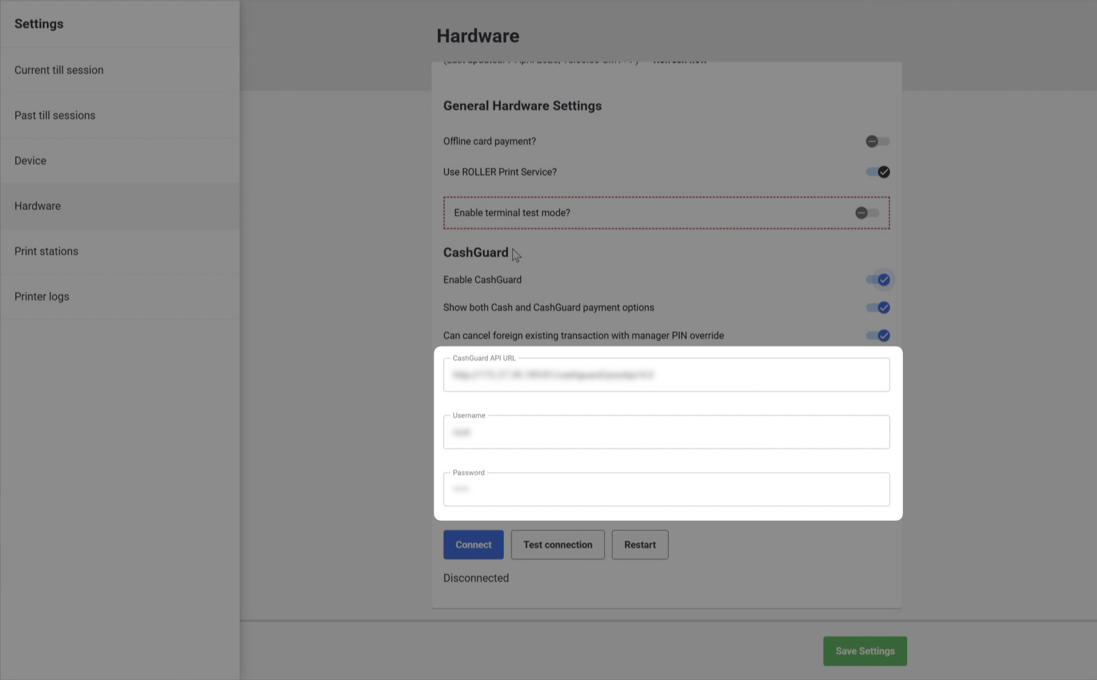 Settings page showing hardware options and CashGuard configuration fields for payment processing.